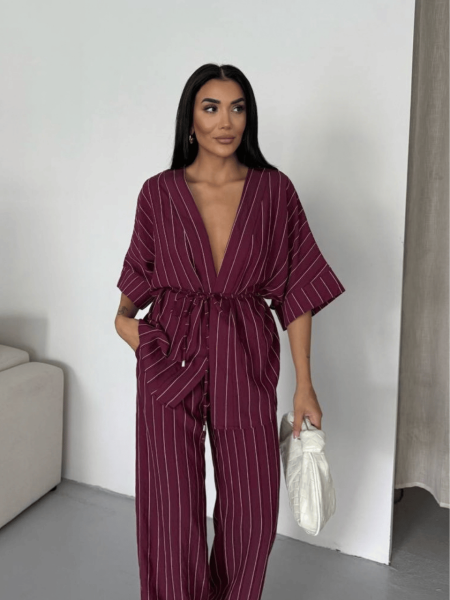 Prugasti pamučni komplet u kimono stilu-bordo crvena