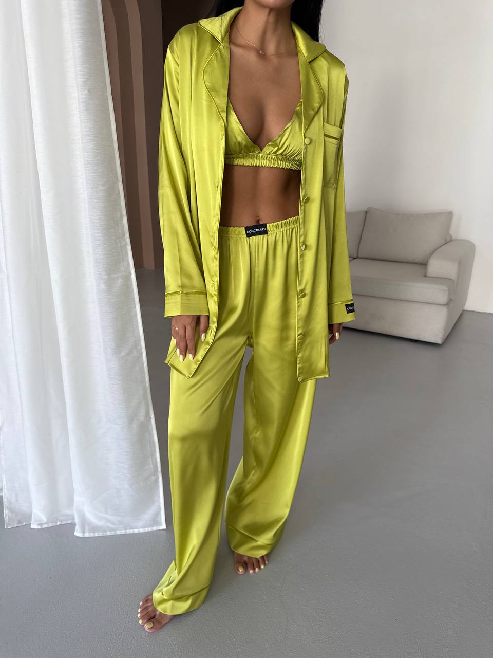 Ženska pidžama od satena 3u1 -kivi zelena - Slika 3