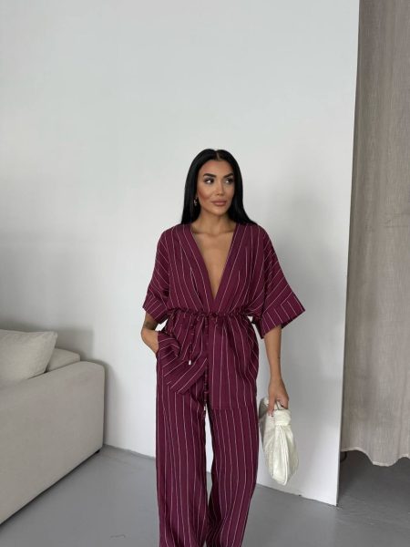 Ženski pamučni komplet na pruge-crvena