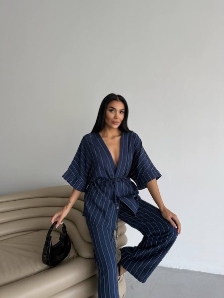 Ženski pamučni komplet na pruge-teget plava