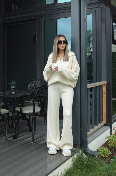 Ženski končani pamučni komplet sa rajfešlus kragnom-bež